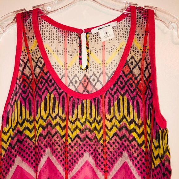 Vintage Carven Silk Chiffon Pink Print Knit Trim Long Sleeveless Top Oversized - Picture 6 of 12